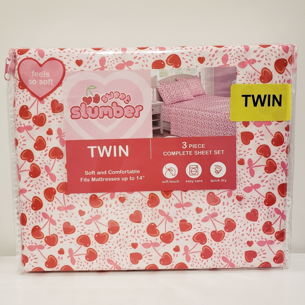 Cherries Bed Sheet Set Twin 3-pc Red Pink Valentines Day Hearts Cute Coquette